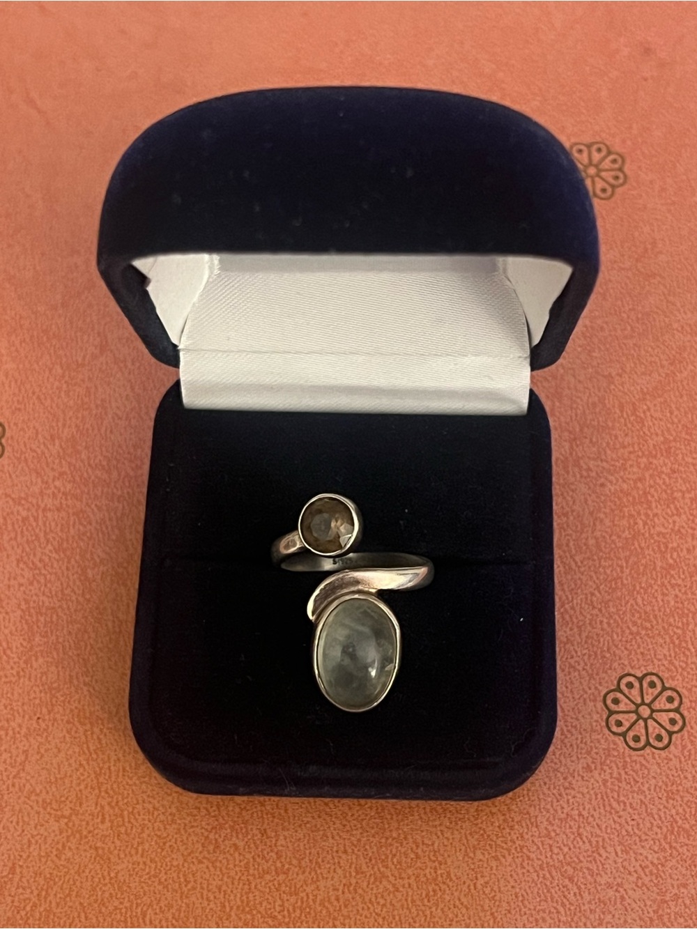 Sterling Silver Double-Stone Bypass Wrap Ring in Pale Green and Smoky Brown
